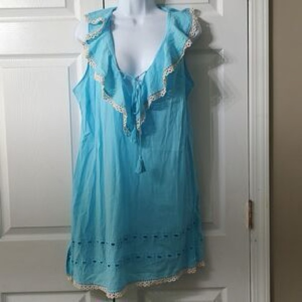 Mud Pie Blue Sleeveless Ruffle Dress with Lace Trim